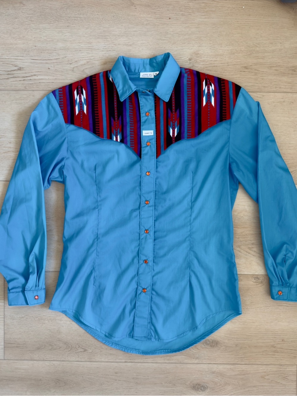 Cody’s Western Teal Men's Shirt with Red Patterned Yoke Snap Button Size S